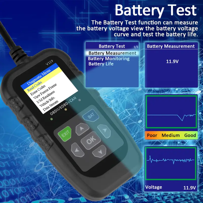 V119 OBD2 Scanner Code Reader  - Power Supply Tester 评论和价格